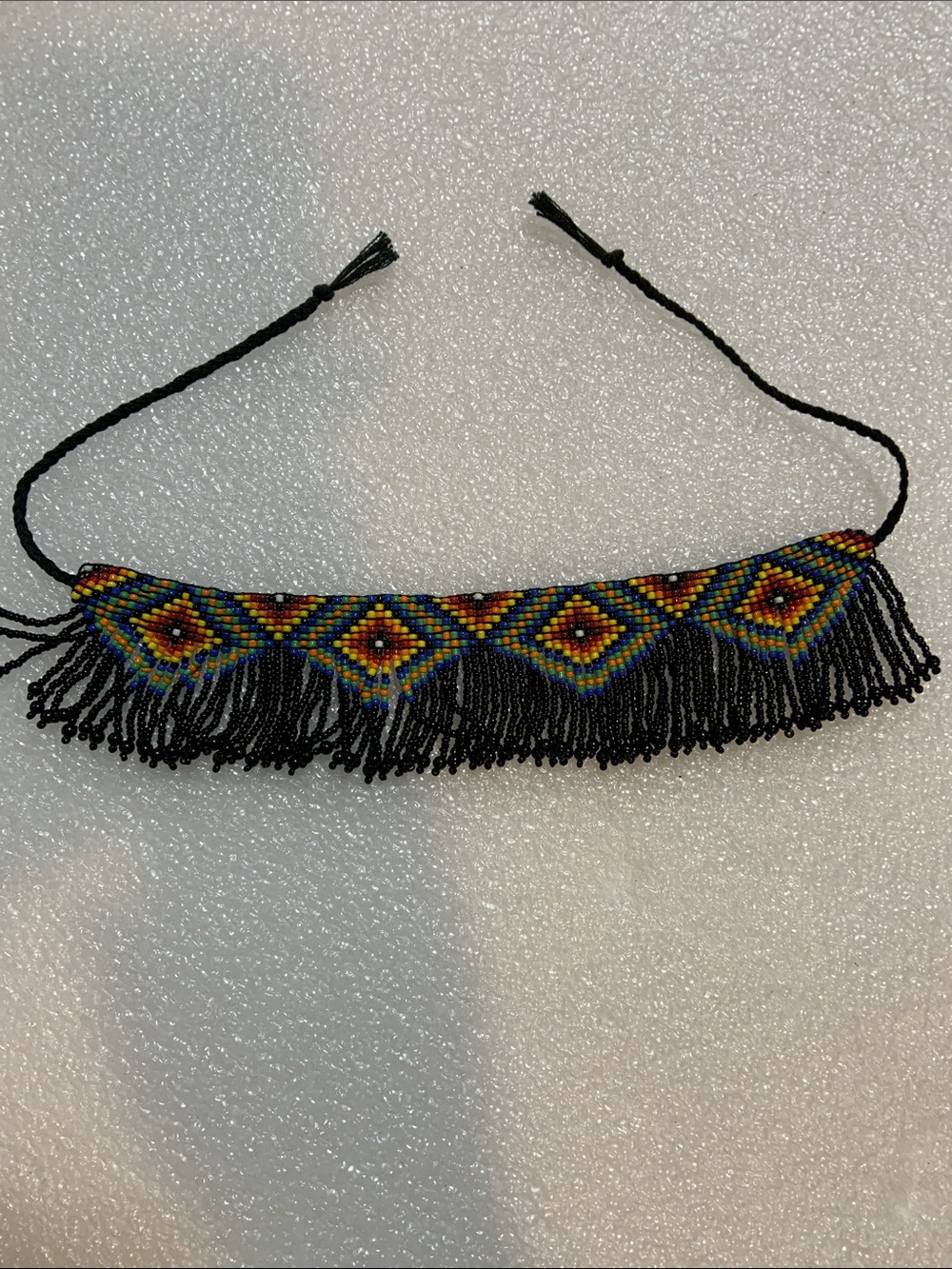 Handmade Beaded Fringe Choker Necklace - Black with Multicolor beads.  18” long